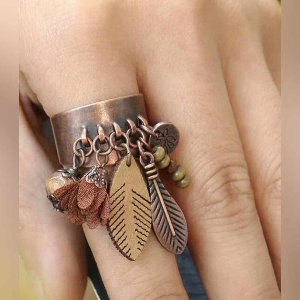 Bohemian Hippie Dangling Charms Wood Bead Feather Fabric Flower Copper Adj Ring - Picture 7 of 16